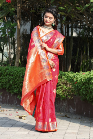 Red color banarasi soft silk saree with weaving work