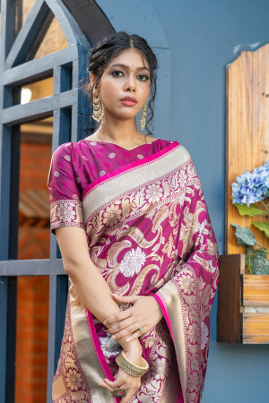 Dark pink color soft banarasi silk weaving saree with zari work