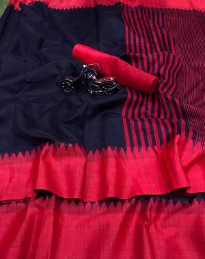 Black color raw silk saree with lining pallu