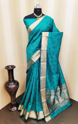 Sky blue color soft satin silk saree with zari woven work