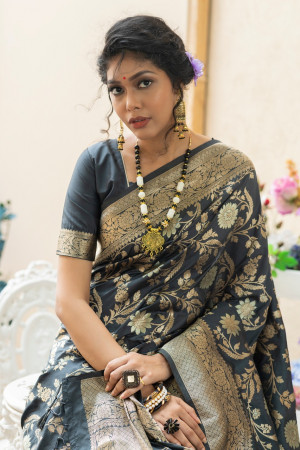 Gray color soft banarasi katan silk saree with zari weaving pallu and border