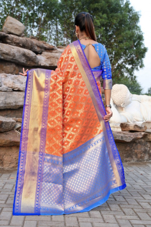 Orange color kanchipuram handloom weaving silk saree