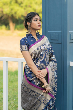 Navy blue color soft banarasi silk weaving saree with zari work