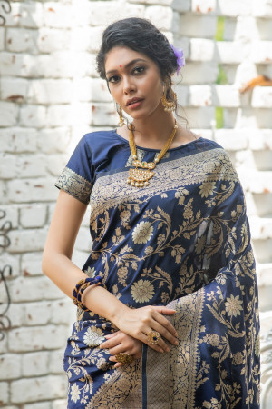 Navy blue color soft banarasi katan silk saree with zari weaving pallu and border