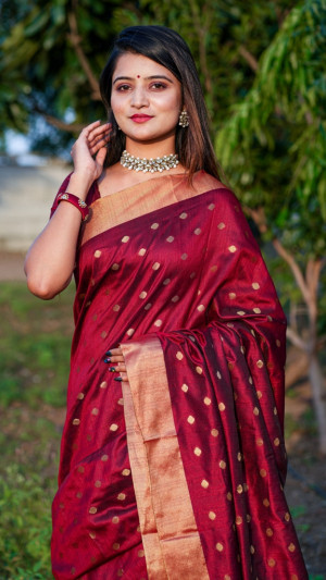 Maroon color soft cotton silk saree with jacquard weaving buttis