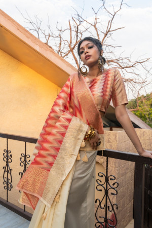 Chanderi cotton saree with ikat woven pallu
