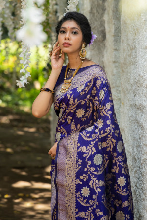 Royal blue color soft banarasi katan silk saree with zari weaving pallu and border