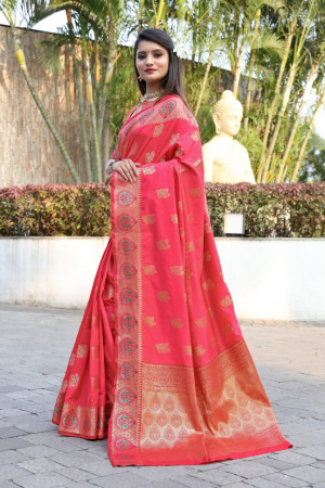 Gajari color banarasi soft silk saree with weaving work