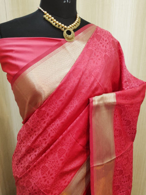 Pink color soft satin silk saree with zari woven work