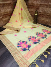 Yellow color linen saree with zari weaving border