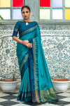 Rama green color soft raw silk saree with zari woven work