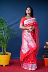 Red color soft kanchipuram silk saree with zari weaving work