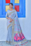 Gray color linen saree with woven work