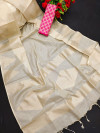 Cream and pink color tissue silk saree with zari weaving temple border