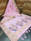 Pink color linen saree with zari weaving border