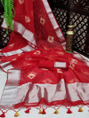Red color soft organza silk saree with zari weaving bandhani print