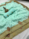 Sea green color pure silk saree with kashmiri embroidery work