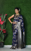 Navy blue color soft kanchipuram silk saree with golden and silver zari weaving work