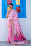 Pink color linen saree with woven work