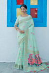 Sea green color linen saree with woven work