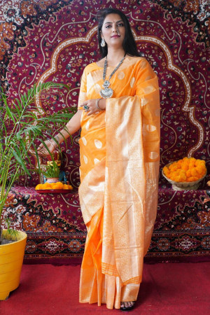Yellow color soft cotton silk weaving work saree