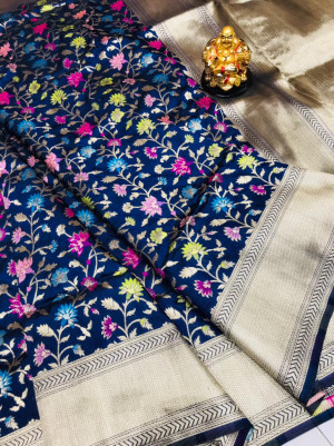 Navy blue color kanchipuram silk saree with golden zari work