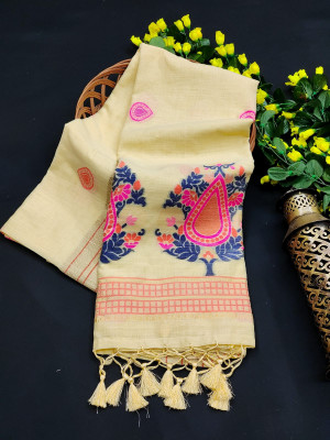 Yellow color linen saree with zari weaving border