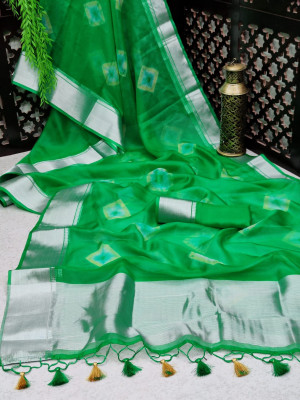 Green color soft organza silk saree with zari weaving bandhani print