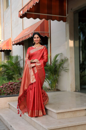 Red color soft banarasi silk saree with zari woven border