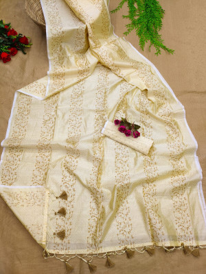 Yellow color linen silk saree with exclusive hand print