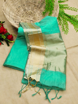 Sea green color soft  cotton saree with zari weaving work