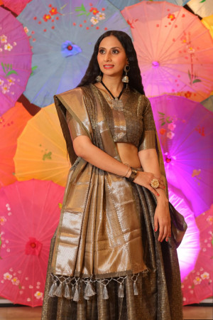 Gray color soft banarasi silk saree with zari woven border