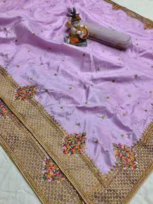 Lavender color pure silk saree with kashmiri embroidery work