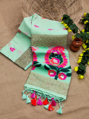 Sea green color pure handloom saree with meenakari work