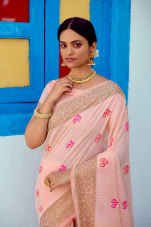 Peach color linen saree with woven work