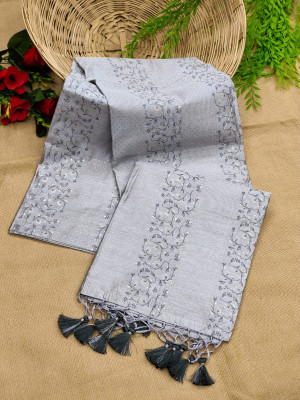 Gray color linen silk saree with exclusive hand print