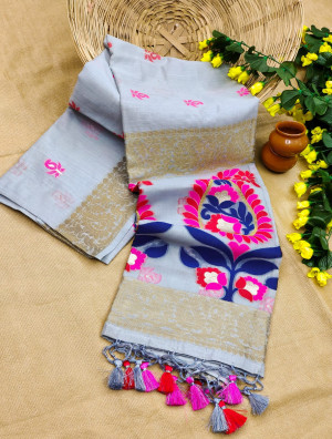 Gray color pure handloom saree with meenakari work