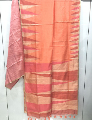 Peach color pure silk saree with ikat weaving design