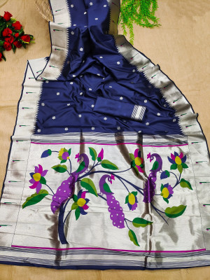 Navy blue color soft paithani silk saree with zari woven work