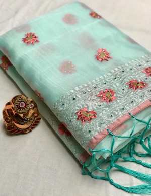Light green color soft organza silk saree with embroidery work