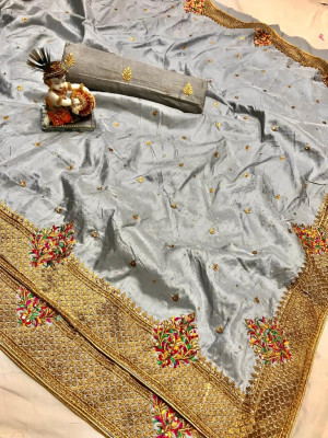Gray color pure silk saree with kashmiri embroidery work
