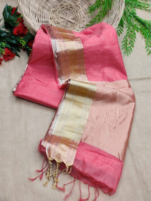 Pink color soft  cotton saree with zari weaving work