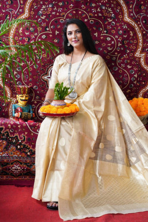 Cream color soft cotton silk weaving work saree