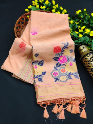 Peach color linen saree with zari weaving border