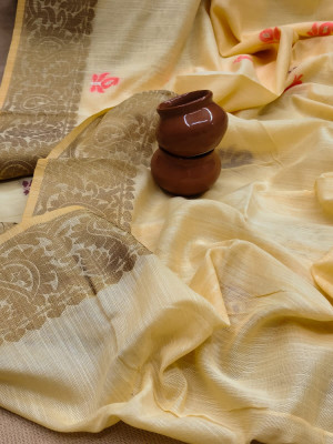 Yellow color pure handloom saree with meenakari work