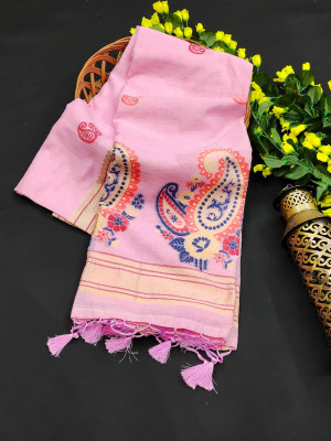 Pink color linen saree with zari weaving border