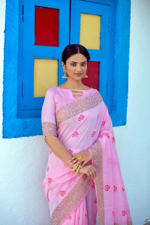 Pink color linen saree with woven work