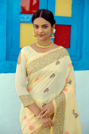 Yellow color linen saree with woven work