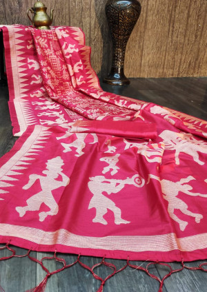 Pink color raw silk saree with woven contrast pallu