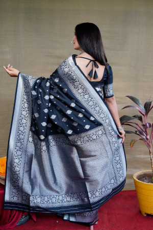 Black color soft kanchipuram silk saree with zari weaving work
